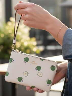 Coach Cream Wristlet with Green Apple Print